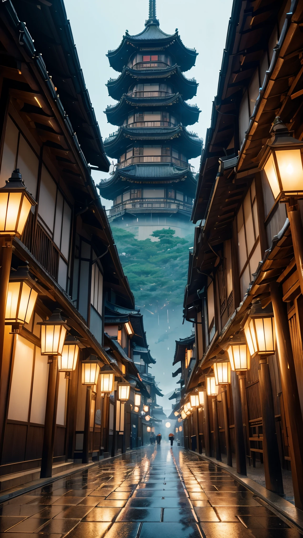 in the rain、Anime landscape of a tower with benches and lanterns, Japonism 3d 8k ultra detailed, Japanese city, Japanese town, akihiko yoshida. Unreal Engine, cyberpunk Japanese temple, Complex and gorgeous anime CGI style, Japanese street, Japan. Volumetric lighting, Dreamy city in China, Inspired by Kyoto, Inspired by Kano Naizen