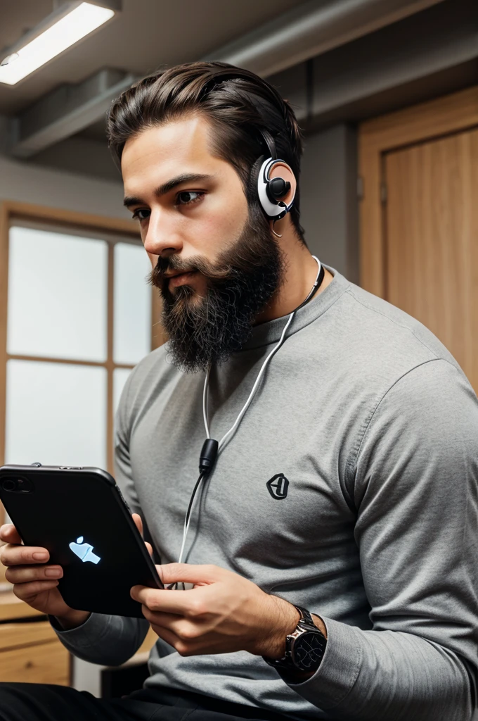 A man with thin beard streaming and playing game in phone with headphones