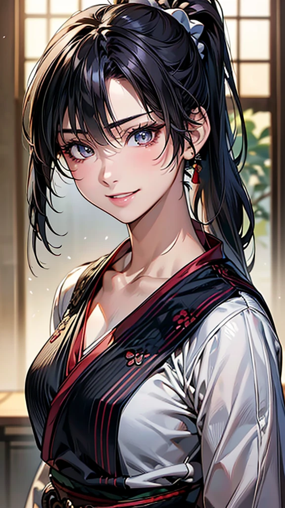 Highest quality, Ultra-high resolution, (Realistic: 1.4), beautiful Eyes, Super beautiful, beautiful, Warrior, Japanese style, beautiful Soldier, Eyes that beckon、Droopy eyes, Attractive look, Sexy smile, spouse、Perfect Style, Perfect balance, whole body、Detailed skin, Mischievous Gaze, (Black Hair、ponytail:1.4)、Japanese sword
