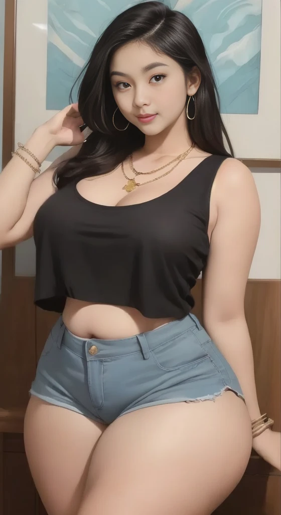 there is a woman in indonesian highschool uniform posing for a picture, beautiful plump female, tall, semi-wide hips, semi-thick thighs, alluring plus sized model, rubenesque, thick legs, semi-large thighs, curvy hourglass figure, curvy model, arabian-japanese goddess , beautiful curvy female, slightly fat arms