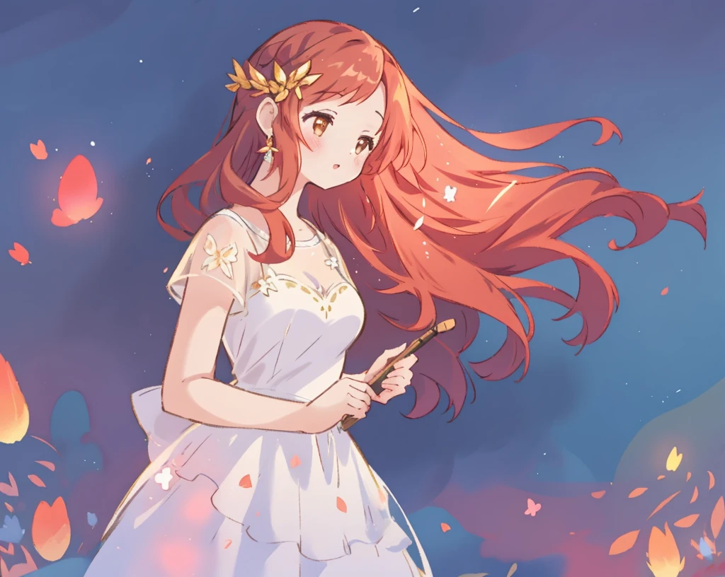 beautiful girl in white shimmering puffy layered ballgown, puffy layered tutu skirt, long flowing brown hair, colorful fantasia background, watercolor illustration, glowing aura around her, glowing flowing hair, fantasia otherworldly landscape, beautiful, masterpiece, best quality, sharp focus, intricate details, highly detailed, 8k resolution, high resolution, fine detail, golden ratio, perfect composition, perfection, intricate dress details