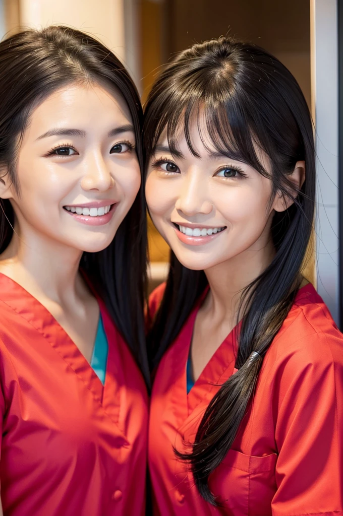 Dental hygienist, only two women Side by side, smiling, wearing fluorescent red medical scrubs, cute, Japanese, black hair, early 20s woman Upper body close-up high resolution Highest quality Don't put your face too close.々