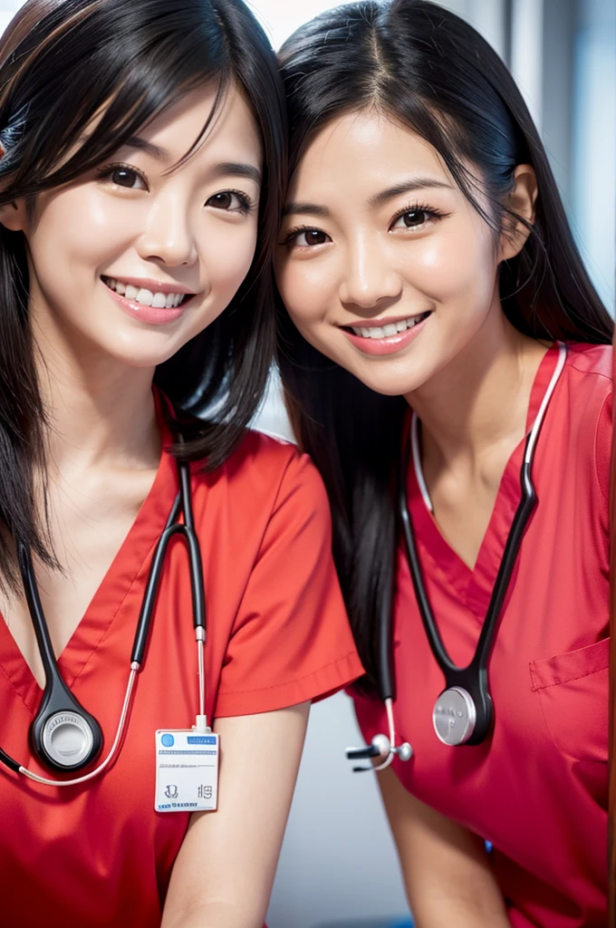 Dental hygienist, only two women　Side by side, smiling, wearing fluorescent red medical scrubs, cute, Japanese, black hair, early 20s woman　Upper body close-up　high resolution　Highest quality　　Don&#39;t put your face too close.々