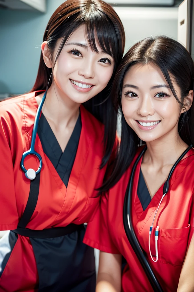 Dental hygienist, only two women Side by side, smiling, wearing fluorescent red medical scrubs, cute, Japanese, black hair, early 20s woman Upper body close-up high resolution Highest quality Don't put your face too close.々