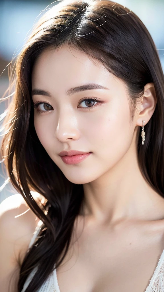A beautiful 22-year-old girl with captivating gray eyes, pale white skin, and a slim figure, smiling softly, her black hair styled in a fashionable manner, sitting gracefully, photo taken with an ultra-realistic professional camera, (best quality,4k,8k,highres,masterpiece:1.2),ultra-detailed,(realistic,photorealistic,photo-realistic:1.37),detailed eyes,detailed lips,extremely detailed face,longeyelashes,portrait,beautiful lighting,soft color tones,natural skin tones