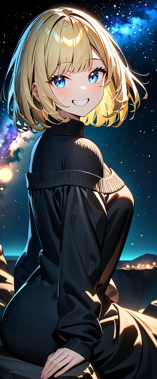from side, ((grin)), ((off-shoulder sweater:1.3, Quite thick shoulder straps)), ((black sweater)), ((Aran sweater)), (((from above))), ((((upper body)))), ((Leaning to side)), (((a beautiful starry sky, the Milky Way shining beautifully in the night))), ((sitting on the very high cliff)), wavy hair, inward curled hair, sea, ((blond hair, bob cut:1.3)), breasts, ager, (looking at viewer), oversized clothes, puffy long sleeves, collarbone, head tilt:1.3, (((blue eyes))), happy smile, (((anime style))), (best quality, 4K, 8K, highres, masterpiece:1.2, ultra-detailed, ultra-detailed eyes, HDR, uhd, studio lighting, ultra-fine painting, sharp focus, physically-based rendering, extreme detail description, professional, vivid colors, bokeh)