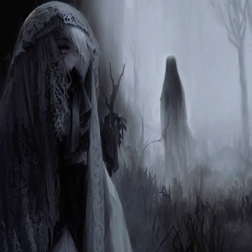 arafed woman in a veil and a ghost in a foggy forest, The crybaby, Creepy Spiritual Creepy Image, horror image, Gothic ghost maiden, tormented and sad expression, beautiful with spooky vibes, ghostly ghost, ghost, ghost of a young girl, mysterious wastelands behind her, ghostly, ghostly figure, ghostly spirits, Aspects, mysterious person