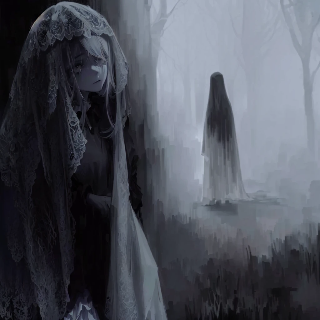arafed woman in a veil and a ghost in a foggy forest, The crybaby, Creepy Spiritual Creepy Image, horror image, Gothic ghost maiden, tormented and sad expression, beautiful with spooky vibes, ghostly ghost, ghost, ghost of a young girl, mysterious wastelands behind her, ghostly, ghostly figure, ghostly spirits, Aspects, mysterious person