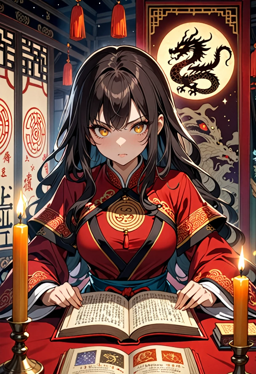 Highest quality, 16K, Unbelievably absurd, Very detailed, 2.5D, delicate and dynamic, magic space , formal, Fortune Telling Hut, Chinese style, candle, Astrology Books, Asian monster figurine, , 分厚いAstrology Books, Creepy Paintings, , Dragon mural, spooky, Dimly lit room, Small face, Very delicate facial expressions, Delicate eye depiction, Upper body close-up, , One sexy woman, Cool woman, black long wavy hair, Healthy body shape, 25-year-old woman, Cool woman, King Enma, Height: 170cm, huge bouncing busts, astrologer, Horoscope, to pronounce a death sentence, Suspicious look, Chinese clothing with a complex structure, Chic colored clothes, , Magician&#39;s shoes pointing at the camera, Chinese styleの椅子に座る, At the desk, Fortune telling, 