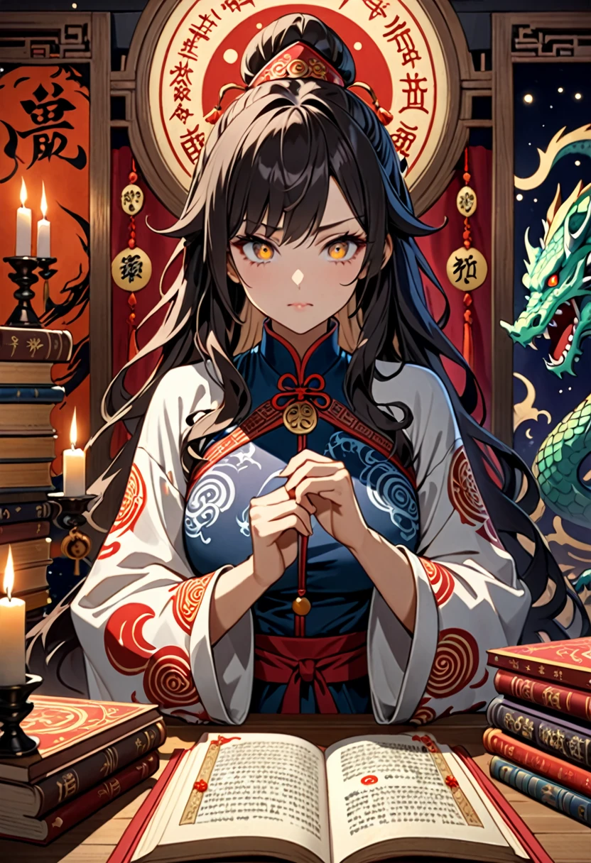 Highest quality, 16K, Unbelievably absurd, Very detailed, 2.5D, delicate and dynamic, magic space , formal, Fortune Telling Hut, Chinese style, candle, Astrology Books, Asian monster figurine, , 分厚いAstrology Books, Creepy Paintings, , Dragon mural, spooky, Dimly lit room, Small face, Very delicate facial expressions, Delicate eye depiction, Upper body close-up, , One sexy woman, Cool woman, black long wavy hair, Healthy body shape, 25-year-old woman, Cool woman, King Enma, Height: 170cm, huge bouncing busts, astrologer, Horoscope, to pronounce a death sentence, Suspicious look, Chinese clothing with a complex structure, Chic colored clothes, , Magician&#39;s shoes pointing at the camera, Chinese styleの椅子に座る, At the desk, Fortune telling, 