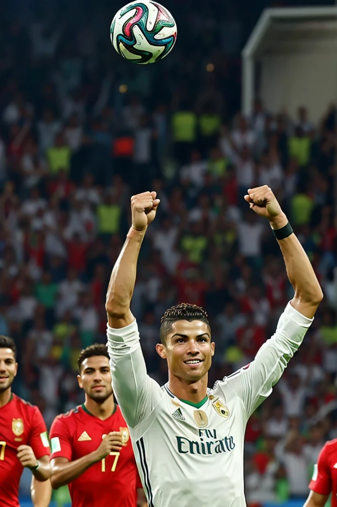 Cristiano Ronaldo happy and lifting up the FIFA WORLD CUP in the air.