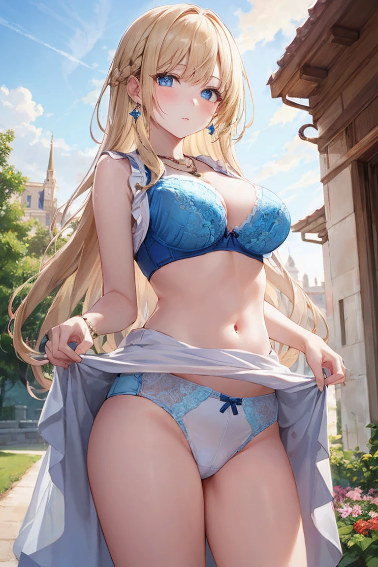 Melody Mark,Absurd, Very detailed,Bright colors,Look straight,(Sleeveless lift:1.6),(Fashionable bras:1.5) ,Long Hair, , Asymmetrical bangs, short twin-tailed blonde hair, Shiny Hair, Delicate and beautiful features, blush、(Deep blue eyes:1.3), White skin, Valletta, Earrings, necklace, Brown clothes, Beautiful Clouds, Twilight Sky,garden
