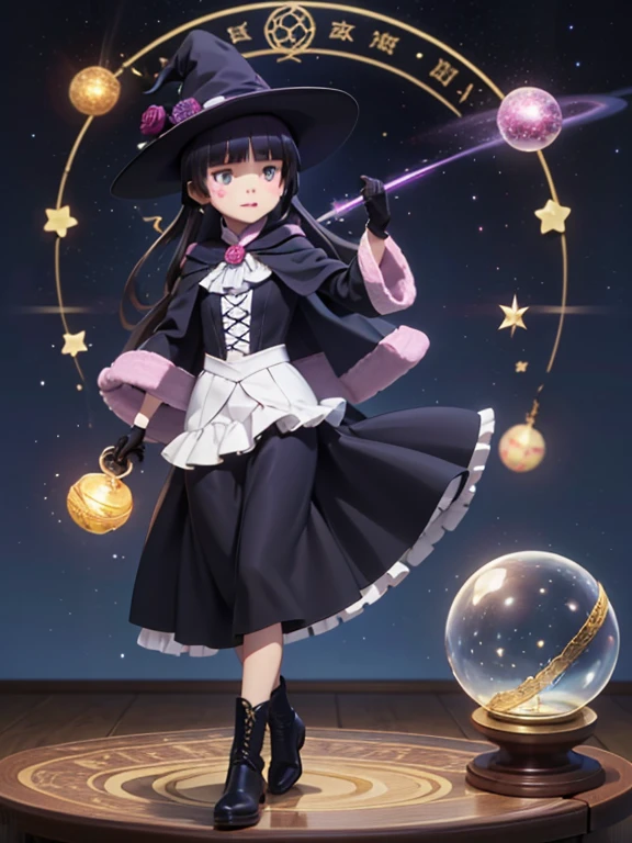 (masterpiece, Highest quality:1.1), astrologer, 1 Girl, alone, witch hat, gloves, dress, Black Costume、((Long skirt))、Frills, boots, Cape, witch, ((ruri gokou)), Crystal Ball, magic circle, Shining Star, meteor, universe, magical energy, Vision of the future