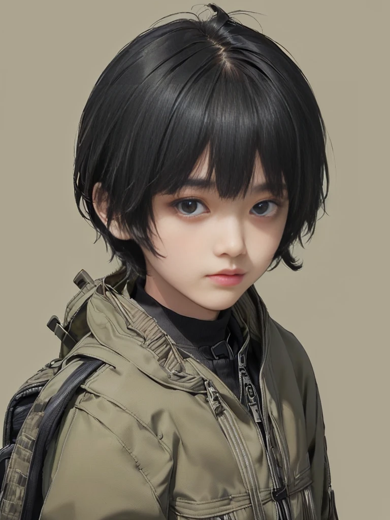 (((Masterpiece))), (high quality), one Japanese boy, 18 years old,(tall and thin,sleepy droopy eyes, long face, (thin cheeks:1.2),(black shaggy short hair,blank expression:1.5),(khaki outdoor jacket,Black Rucksack:1.5),(Close-up of face,turn around:1.5),(Plain background:1.5),