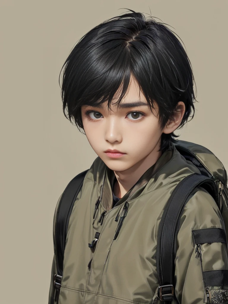 (((Masterpiece))), (high quality), one Japanese boy, 18 years old,(tall and thin,sleepy droopy eyes, long face, (thin cheeks:1.2),(black shaggy short hair,blank expression:1.5),(khaki outdoor jacket,Black Rucksack:1.5),(Close-up of face,turn around:1.5),(Plain background:1.5),