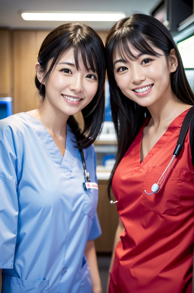 Dental hygienist, only two women Side by side, smiling, wearing fluorescent red medical scrubs, cute, Japanese, black hair, early 30s woman Upper body close-up high resolution Highest quality Don't put your face too close.々
