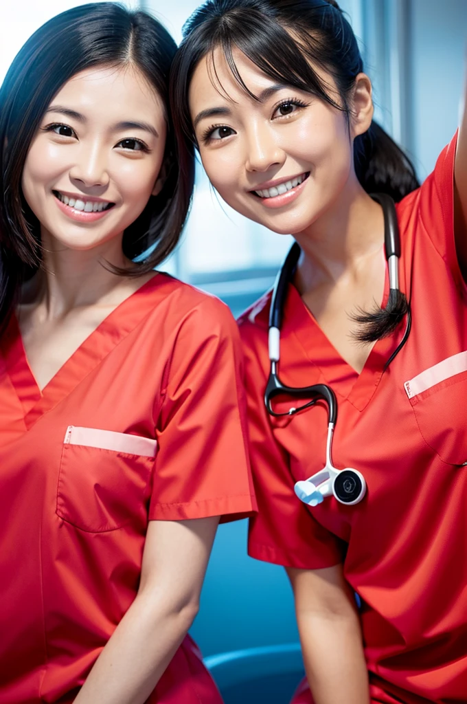 Dental hygienist, only two women Side by side, smiling, wearing fluorescent red medical scrubs, cute, Japanese, black hair, early 30s woman Upper body close-up high resolution Highest quality Don't put your face too close.々