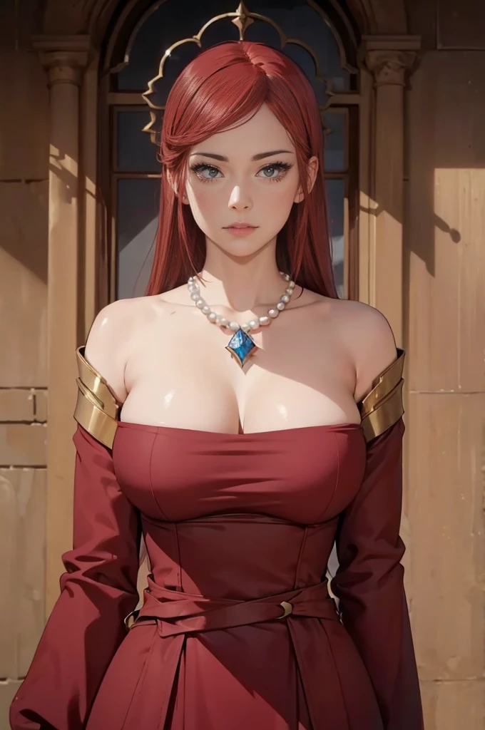 ((1girl, solo)), beautiful body, (perfect anatomy, perfect body, perfect hands, perfect legs), (five fingers:1.5), natural proportions, sexy body, large breasts BREAK
((extremely detailed face)), (beautiful detailed eyes:1.6), (realistic pupils, realistic iris:1), expressive eyes, looking at viewer, (clear eyes:1.3), (hyperrealistic:1.2), (detailed skin texture:1.2), smooth skin, (red hair:1.5), violet eyes, long hair, pearl earrings, (detailed lips:1.2), (attractive lips:1.1), (glossy lips:1.1), (parted lips), red lipstick, perfect face, perfect eyes BREAK
pearl necklace, red dress, cleavage, collarbone, bare shoulders BREAK
Indoors, castle, window BREAK
(masterpiece:1.5), anime-style, top quality, best quality, (beautiful and aesthetic:1.2), (ultra detail:1.5), Ultra-detailed depiction, Ultra-precise depiction, extremely detailed 8k illustration, high resolution, (highly detailed shading:1.2), (realistic lighting:1.4), perfect lighting, vibrant colors, dynamic tones, striking hues, 8k, absurd resolution, perfect shadows, hdr, UHD, ambient lighting, realistic, ultra-realistic, photo realistic, highly detailed, rich detail, luminous colors, fine texture, intricate design, professional illustration, (soft light:1.2), (illustration:0.7)