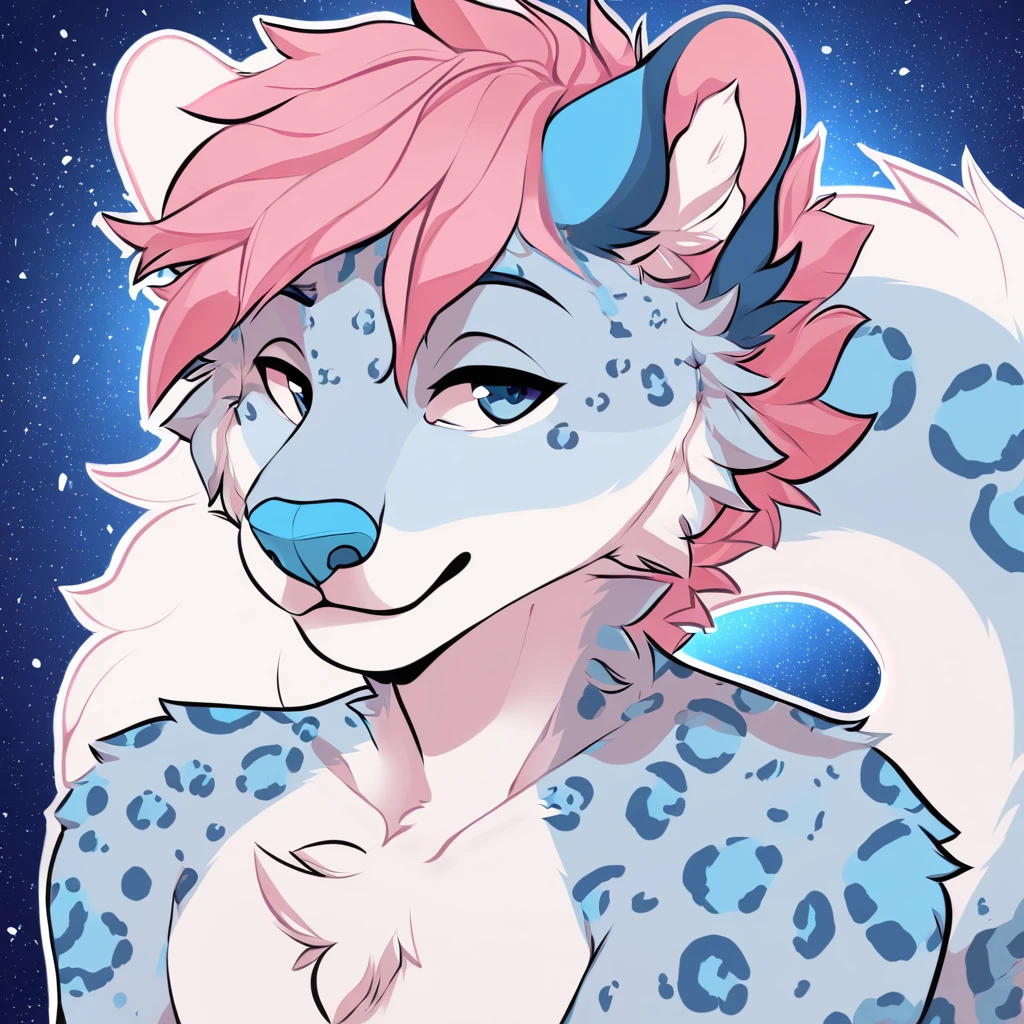 adult, feline, mammal, anthro, anthropomorphic, snow_leopard, striped, fur, striped_feline, fur, furred_anthro, femboy, male, light_pink, fluffy, long_tail, blue_nose, expressive eyes, feline_ears, pink_hair, blue_fur, light_blue_chest, shy, small_pupils, spotted_pattern, stripes, digital_art, high_resolution, high_res, hand-drawn, pencil_lines, head_visible, background, neck_visible, seductive_face, blue_galaxy_background, white_outline, detailed_line_work, profile_picture, head_visible
