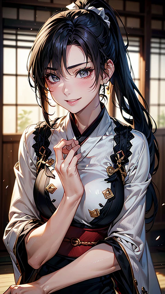 Highest quality, Ultra-high resolution, (Realistic: 1.4), beautiful Eyes, Super beautiful, beautiful, Warrior, Japanese style, Dance、beautiful Soldier, Eyes that beckon、Droopy eyes, Attractive look, Sexy smile, spouse、Perfect Style, Perfect balance, whole body、Detailed skin, Mischievous Gaze, (Black Hair、ponytail:1.4)、
