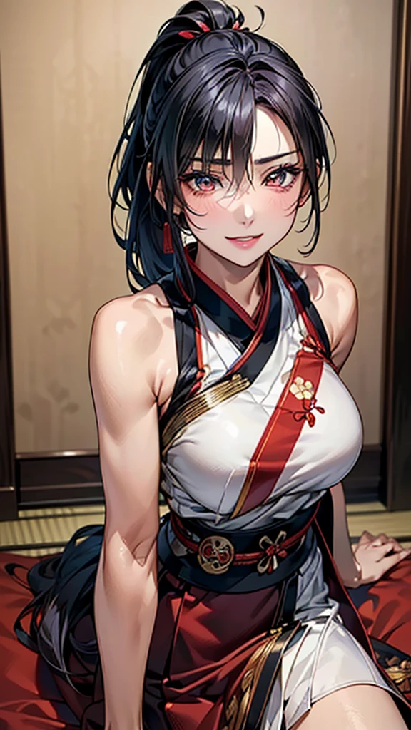 Highest quality, Ultra-high resolution, (Realistic: 1.4), beautiful Eyes, Super beautiful, beautiful, Warrior, Japanese style, Dance、beautiful Soldier, Eyes that beckon、Droopy eyes, Attractive look, Sexy smile, spouse、Perfect Style, Perfect balance, whole body、Detailed skin, Mischievous Gaze, (Black Hair、ponytail:1.4)、