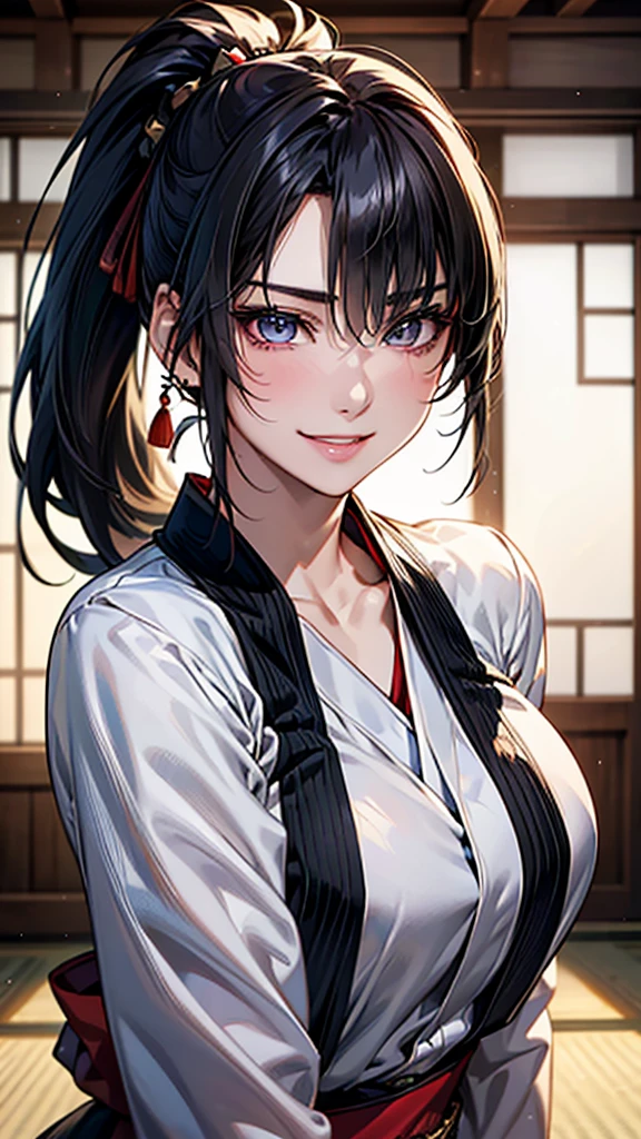 Highest quality, Ultra-high resolution, (Realistic: 1.4), beautiful Eyes, Super beautiful, beautiful, Warrior, Japanese style, Dance、beautiful Soldier, Eyes that beckon、Droopy eyes, Attractive look, Sexy smile, spouse、Perfect Style, Perfect balance, whole body、Detailed skin, Mischievous Gaze, (Black Hair、ponytail:1.4)、