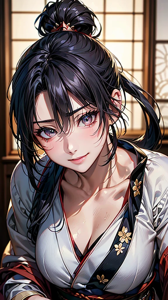 Highest quality, Ultra-high resolution, (Realistic: 1.4), beautiful Eyes, Super beautiful, beautiful, Warrior, Japanese style, beautiful Soldier, Eyes that beckon、Droopy eyes, Attractive look, Sexy smile, spouse、Perfect Style, Perfect balance, whole body、Detailed skin, Mischievous Gaze, (Black Hair、ponytail:1.4)、Japanese sword