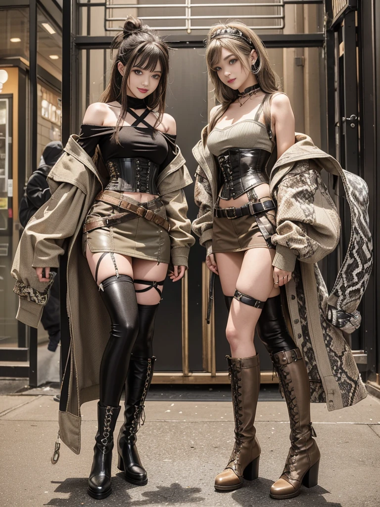 (Full Body View:1.3)、(Smiling with teeth showing:1.3),(Shibuya Gal:1.5)、(Beautiful:1.5)、(Neo-goth fashion:1.5)、(Punk RockVisual Kei:1.5)、(An off-the-shoulder hoodie in khaki and brown with delicate silver accessories.:1.5)、(A corset with a delicate beige and brown design:1.4)、(Dark grey, khaki and brown snakeskin bodysuit:1.5)、(Snake print headband:1.3)、(Beige and charcoal knee socks:1.4)、Embellished collar and long boots、(I'm selling snake print underwear.:1.4)、(Long eyelashes:1.3)、(20-year-old)、((Highest quality、8k、masterpiece:1.3))、1 Female、Slim and beautiful abs:1.3、(hairstyle casual、Beautiful boobs:1.1)、(Doing an aerobics pose:1.3)、dress:1.1、Super small face、Narrow eyes、double eyelid、A sloppy smile、Esbian all over、Dynamic Angle、Close-up、CPL Filter、Blurred Background、Bokeh、Blue Hour、Detailed face and skin texture、Detailed eyes、,(Twin tails:1.3)、(Brown-golden hair:1.3)、Gravure idol、(The background is a glamorous dance hall:1.3)、(Make your legs thinner:1.4)、(Slim body:1.3)、(clavicle:1.1)