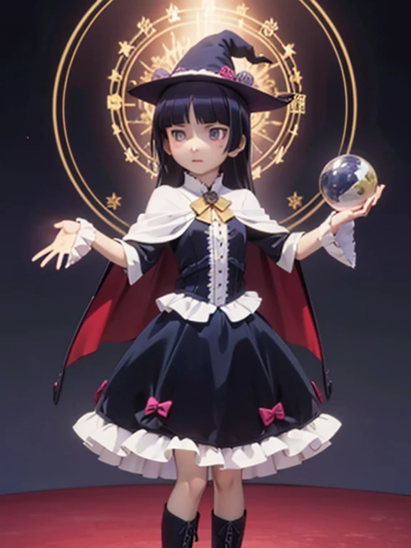 (masterpiece, Highest quality:1.1), (astrologer), upper body, 1 Girl, alone, witch hat, gloves, dress, Blue Costume、(Long skirt)、Frills, boots, Cape, witch, Blunt bangs, Black Hair, Crystal Ball, magic circle, Shining Star, meteor, universe, magical energy, Vision of the future, Prophecy,