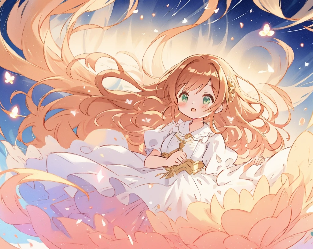 beautiful girl in white shimmering puffy layered ballgown, puffy layered tutu skirt, long flowing brown hair, colorful fantasia background, watercolor illustration, glowing aura around her, glowing flowing hair, fantasia otherworldly landscape, beautiful, masterpiece, best quality, sharp focus, intricate details, highly detailed, 8k resolution, high resolution, fine detail, golden ratio, perfect composition, perfection, intricate dress details