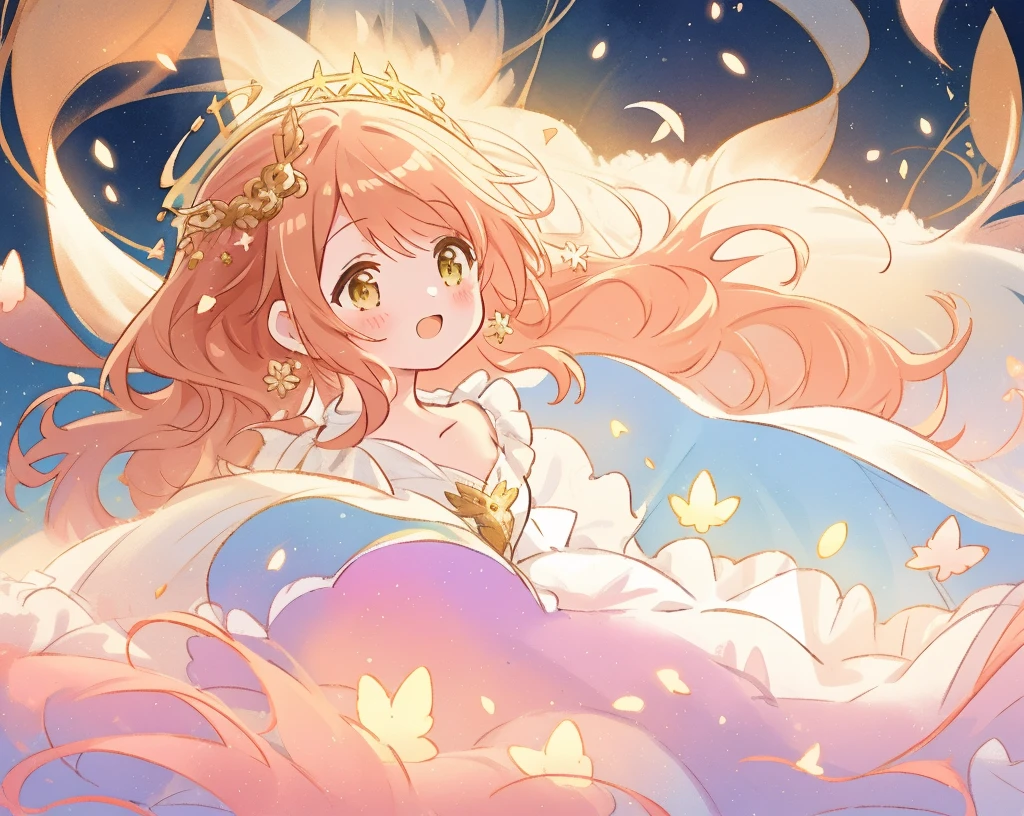 beautiful girl in white shimmering puffy layered ballgown, puffy layered tutu skirt, long flowing brown hair, colorful fantasia background, watercolor illustration, glowing aura around her, glowing flowing hair, fantasia otherworldly landscape, beautiful, masterpiece, best quality, sharp focus, intricate details, highly detailed, 8k resolution, high resolution, fine detail, golden ratio, perfect composition, perfection, intricate dress details