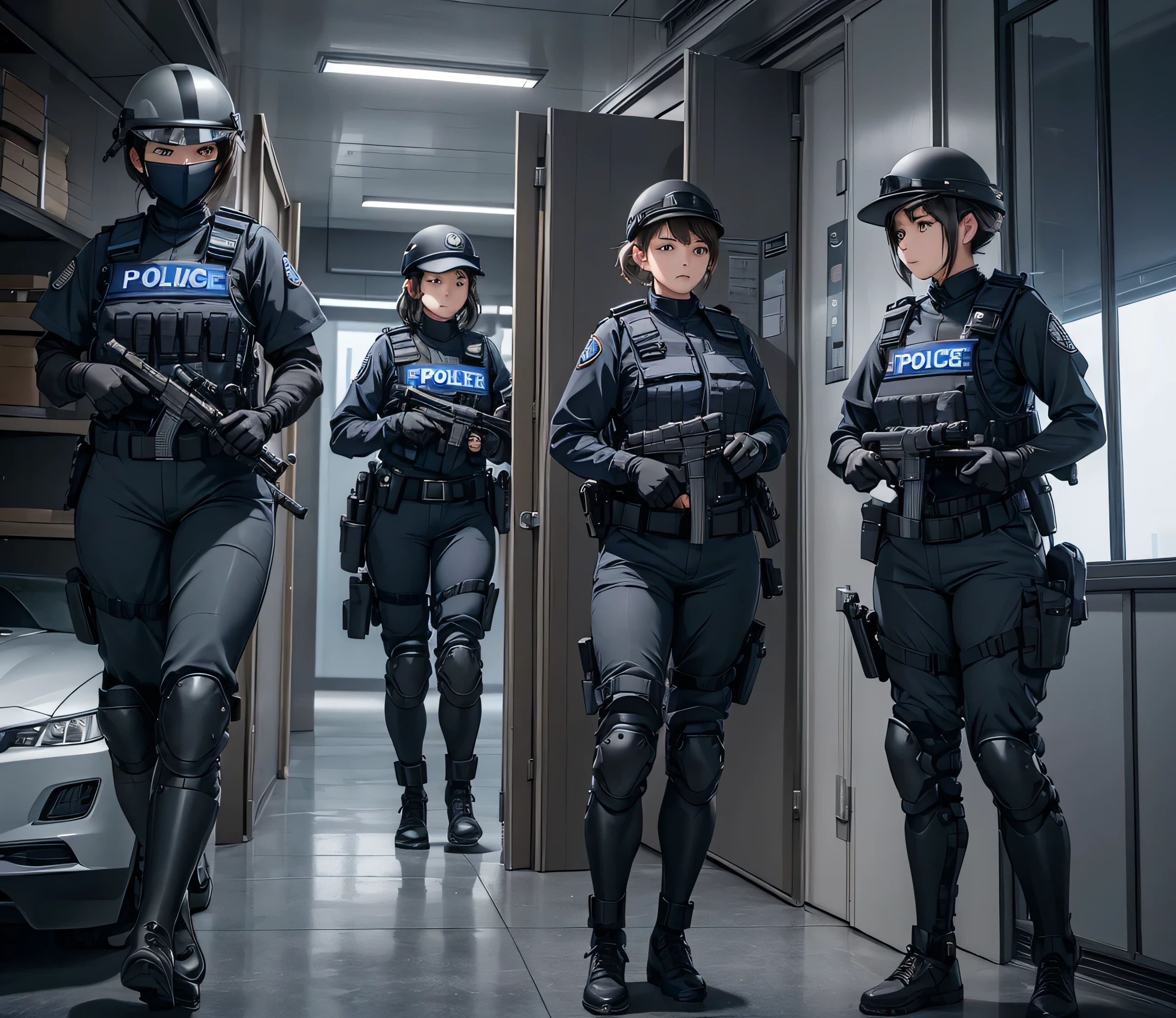 A group of female police officers all wearing gray uniforms,All wear helmets、Pants、Tactical Vest、Knee pads、Gloves,Patrolling interior corridors,Write details、masterpiece、best quality、Highly detailed CG、8K picture quality