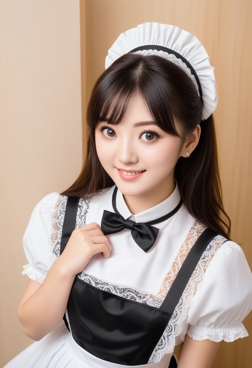 1girl, 18 years old (white maid apron:1.7) (black lace maid dress,black lace maid skirt,maid headband,maid bow tie,wrist cuffs,black lace stockings,black garter straps:1.3) BREAK (cute,sweet:1.5) (smile:1.7) (big eyes, black hair:1.5) (open mouth) straight hear, long hair BREAK (big breasts:1.4) BREAK (serve a cup of tea,dynamic angle, in classic tearoom:1.4) looking at viewer, cowboy shot BREAK japanese, japanese idol (black eyes, best quality, ultra high res, Realistic, RAW photo, real person, portrait photography, photorealistic, detailed skin, fair skin, beautiful detailed eyes), FAT GIRL