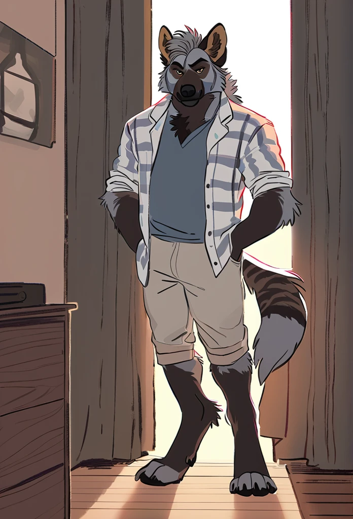 solo, male, black fur color wolf, puro_(changed), adult, toned body, black body shiny latex, fluffy, naked, (white shirt lifting show his chest and belly)(bright blue tight jeans, pull down, pants_down with brown shoes), (Portrait Focus), head to thighs, looking at viewer, high detailed, masterpiece, clothing room with discard clothing on the floor background, flat color, author by: Meesh