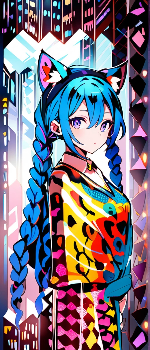 Blue Hair、Braid、Has cat ears、Adult-like clothing、Girl