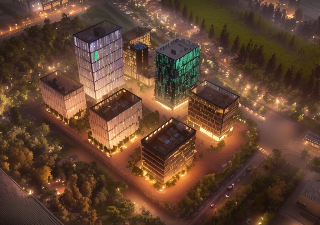 Skyscraper office building with green trees at night, High-tech environment, clear focus illustration hq, hq very detailed, The above points, skyscraper forest community, City, There is a river in the distance, City建筑亮化, High field of view, High-rise buildings,masterpiece,High Detail,HD resolution,8K,Crisp, high-quality rendering