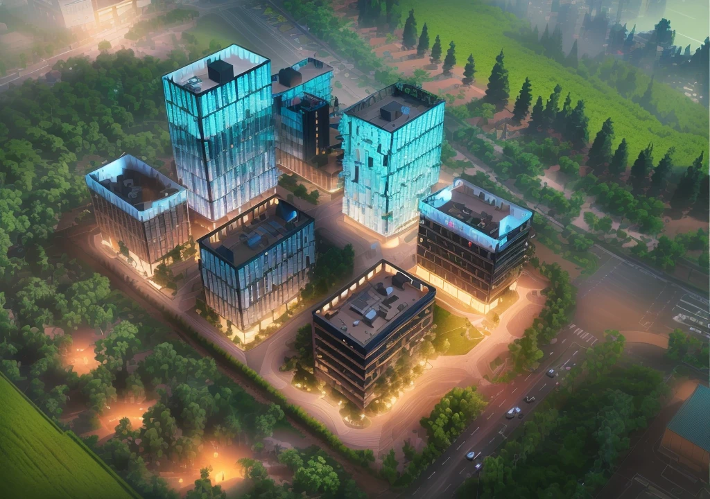 Skyscraper office building with green trees at night, High-tech environment, clear focus illustration hq, hq very detailed, The above points, skyscraper forest community, City, There is a river in the distance, City建筑亮化, High field of view, High-rise buildings,masterpiece,High Detail,HD resolution,8K,Crisp, high-quality rendering