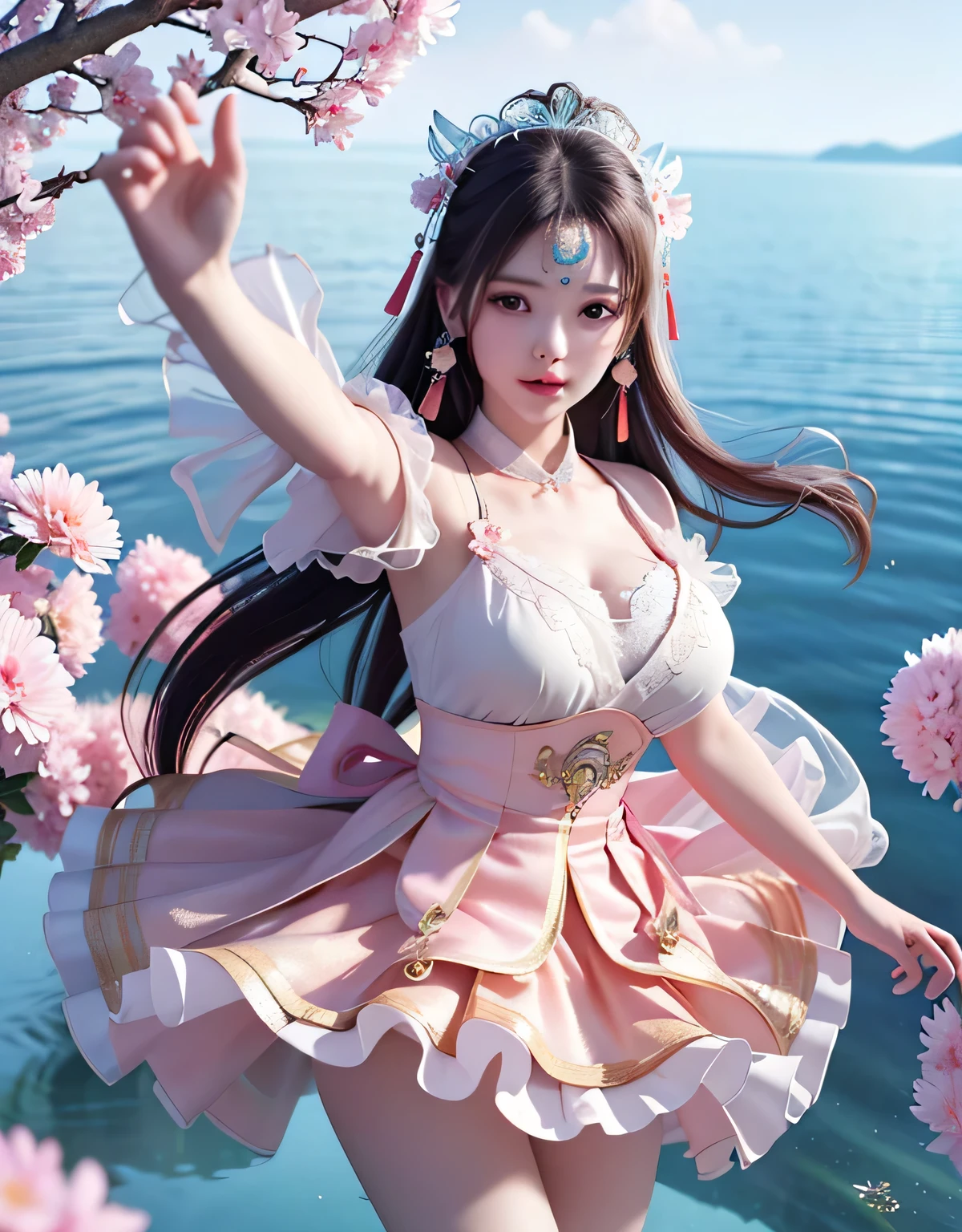 (8k, RAW photo:1.2), best quality, ultra high res,dramatic angle,(fluttered detailed color splashs), (illustration),(((1 girl))),(long hair),(rain:0.9), (Headdress:1.4),There is an ancient palace beside the girl,Hanfu,(Key Points),Color ink painting,(Splash of Color),Splash of Color,(((colorful))),(sketch:0.8) , Masterpiece, best quality, beautiful painted, highly detailed,(denoising:0.6),[splash ink],((ink refraction)), (beautiful detailed sky),moon,highly,detaild,(masterpiece, best quality, extremely detailed） CG Unity 8k Wallpaper，masterpiece，best quality，Ultra Detailed），（Lycoris）.shoulder ballet dress open V-chested clothes Thin silk lace dress short skirt , (huge ，cleavage),, white pink, blue ，best qualtiy，tmasterpiece，Ultra-high resolution，（Reality：1.4），RAW photogr，（True skin texture：1.3），（filmgrain：1.3），（Selfie angle），1个Giant Breast Girl，Beautiful eye and face details，tmasterpiece，Best quality at best，，The chest more exposed， detailed hair, bra pink , detail 8k, full body, lace petticoat, fan handle