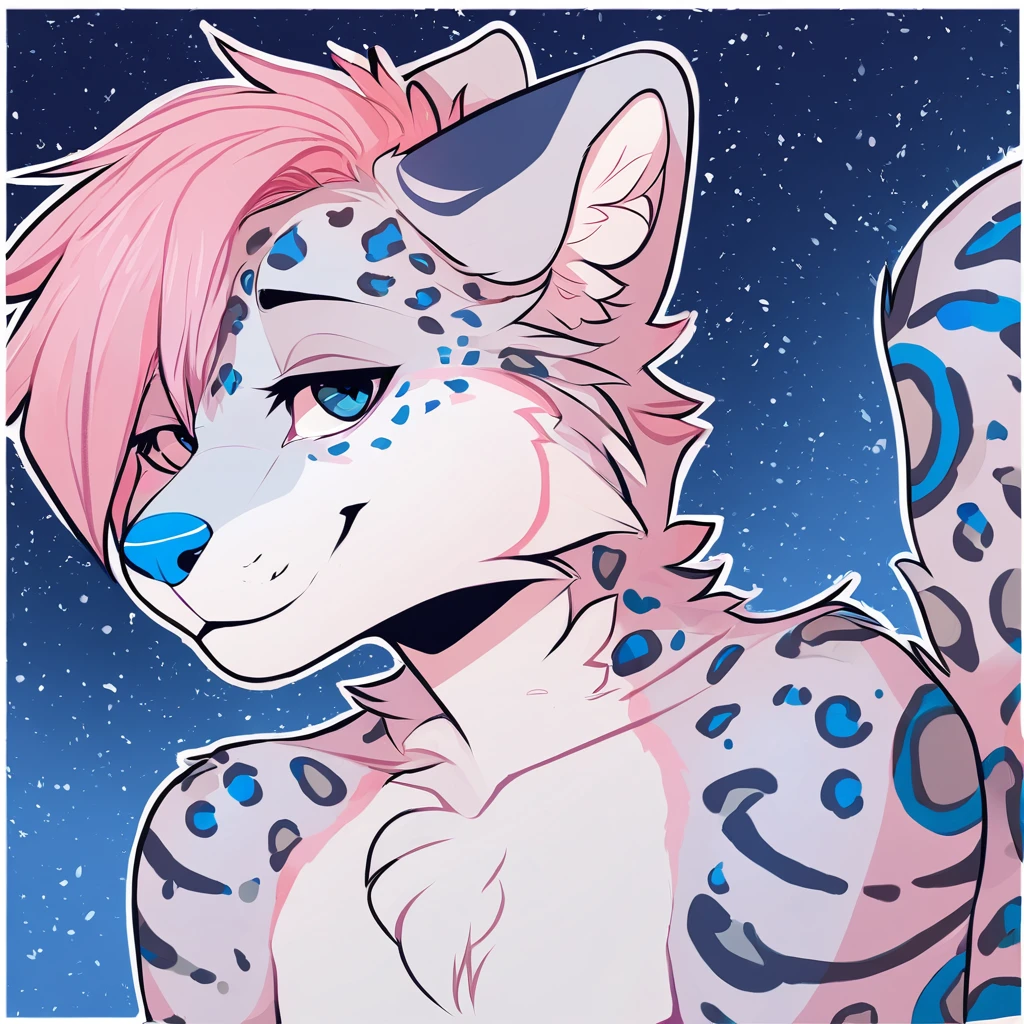 adult, feline, mammal, anthro, anthropomorphic, snow_leopard, striped, fur, striped_feline, fur, furred_anthro, femboy, male, light_pink, fluffy, long_tail, blue_nose, expressive eyes, feline_ears, pink_hair, blue_fur, light_blue_chest, shy, small_pupils, spotted_pattern, stripes, digital_art, high_resolution, high_res, hand-drawn, pencil_lines, head_visible, background, neck_visible, seductive_face, blue_galaxy_background, white_outline, detailed_line_work, profile_picture, head_visible
