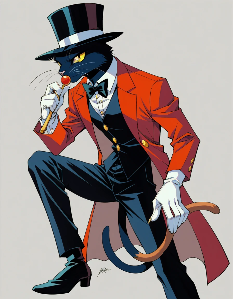 Solo female, furry, tuxedo cat, Random black hair, Yellow eyes, looks like a ringmaster, Top hat, Dark long tuxedo jacket, red vest, black bow tie, black trousers, boots, White gloves, Holds a magician's cane in one handand playing cards in the other hand, retro anime, retro art style, 90s aesthetic, cinematic angle, cinematic lighting,