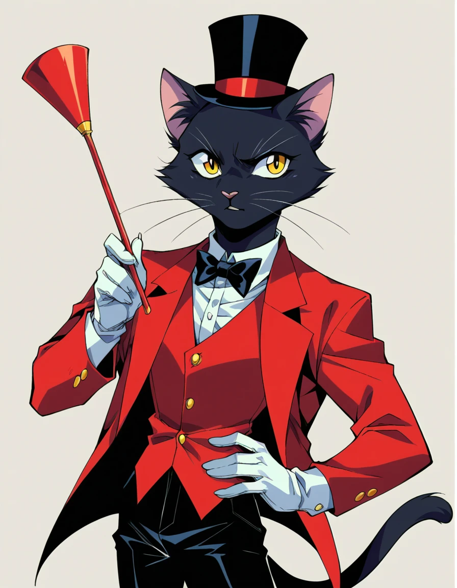 Solo female, furry, tuxedo cat, Random black hair, Yellow eyes, looks like a ringmaster, Top hat, Dark long tuxedo jacket, red vest, black bow tie, black trousers, boots, White gloves, Holds a magician's cane in one handand playing cards in the other hand, retro anime, retro art style, 90s aesthetic, cinematic angle, cinematic lighting,