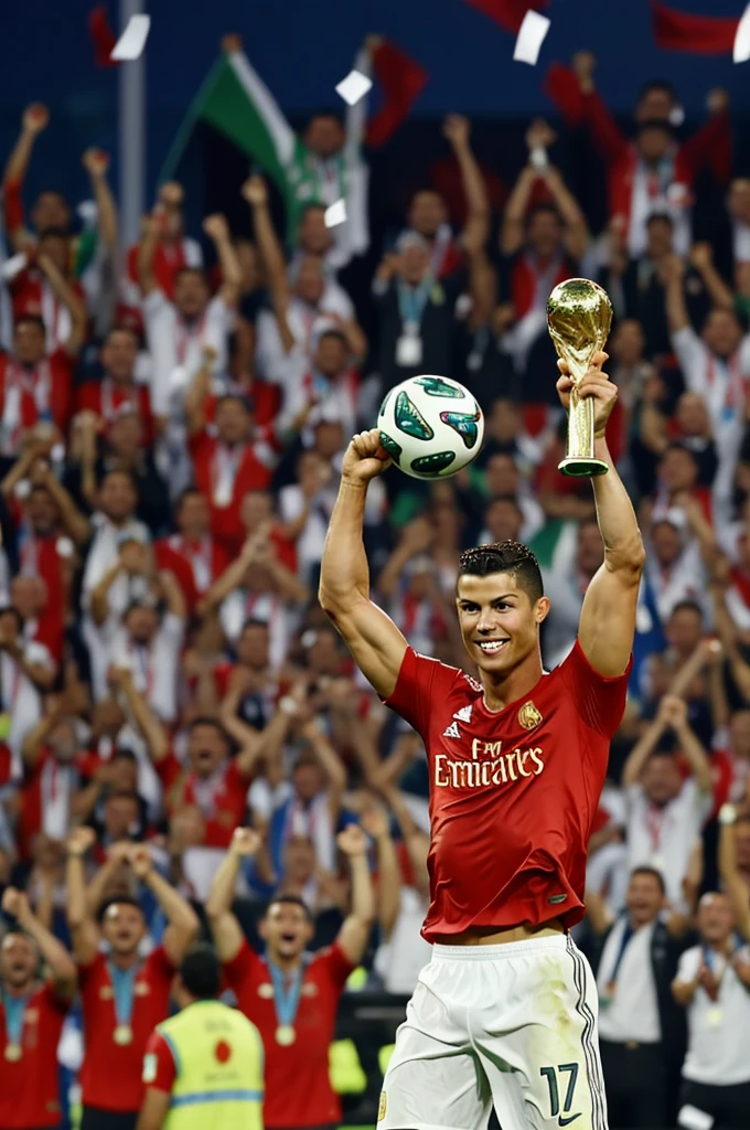 Cristiano Ronaldo happy and lifting the FIFA WORLD CUP trophy in the air.