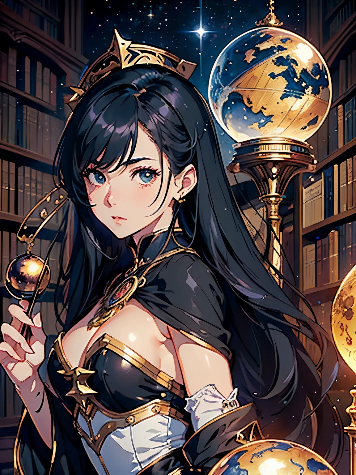 (Highest quality、High resolution、masterpiece)、(Anime Art 4k)、((One Woman、astrologer、Astronomer、Upper Body、Black Hair、Small breasts)), ((Inside the big library、Large celestial globe、astrologerの机))、Victorian Style、steampunk、Cinema Lighting、Ray Tracing、(Watercolor of singer Sargent)、