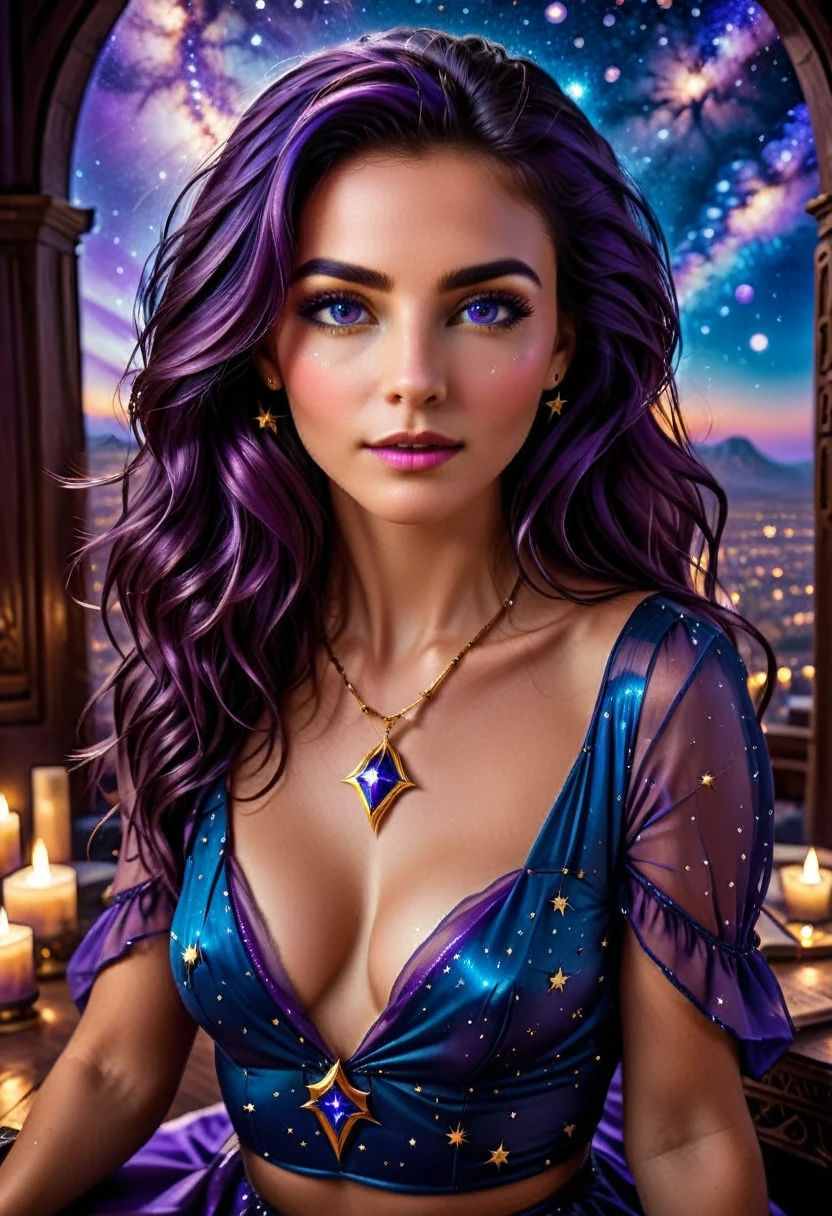 a facial close up picture of an astrologist who divine the future from the stars, an extraordinary beautiful woman, divining the future from the stars, there is magic in her eyes, the (irises are colored deep blue filled with stars: 1.3), dynamic hair color, dynamic hair style, she sits near a table, dynamic clothing, dynamic background, vibrant, Ultra-high resolution, High Contrast, (masterpiece:1.5), highest quality, Best aesthetics), best details, best quality, highres, 16k, [ultra detailed], masterpiece, best quality, (extremely detailed), Cinematic Hollywood Film style, Genetically modified..., GlowingRunesAI_purple