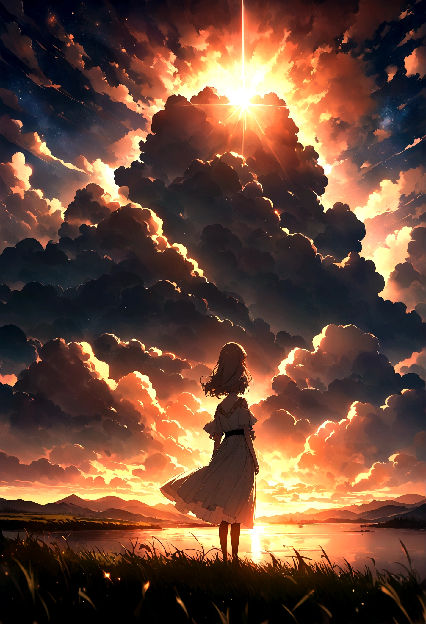 , river, Beautiful sunset, Big Cloud, Green grass, sad, Stars can be seen through the clouds, space, A ray of sunshine illuminates the world, masterpiece, Mountain々