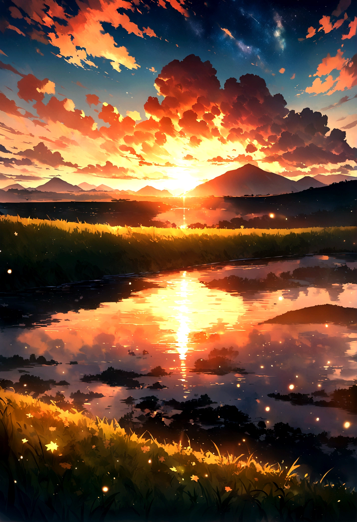 , river, Beautiful sunset, Big Cloud, Green grass, sad, Stars can be seen through the clouds, space, A ray of sunshine illuminates the world, masterpiece, Mountain々