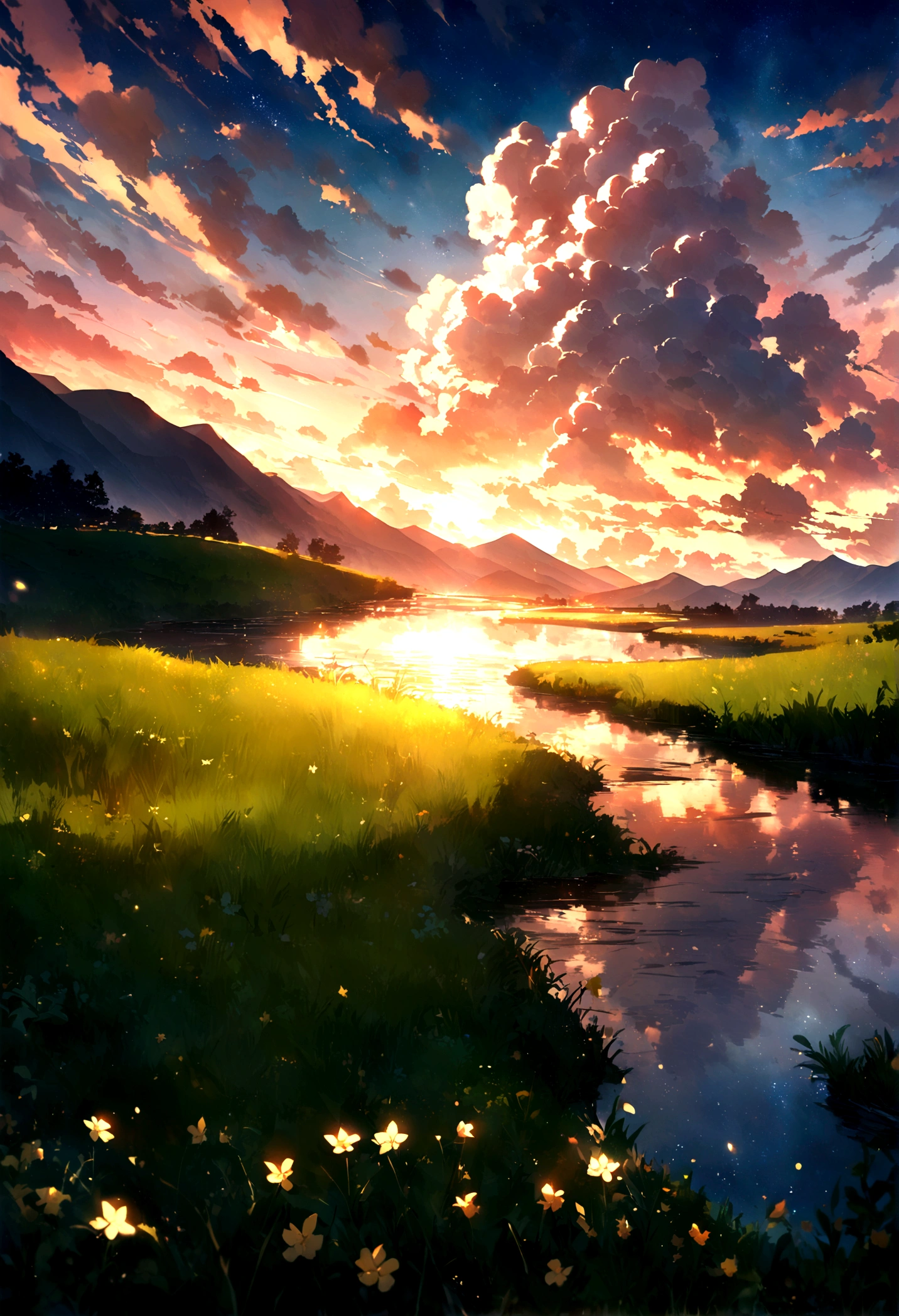 , river, Beautiful sunset, Big Cloud, Green grass, sad, Stars can be seen through the clouds, space, A ray of sunshine illuminates the world, masterpiece, Mountain々