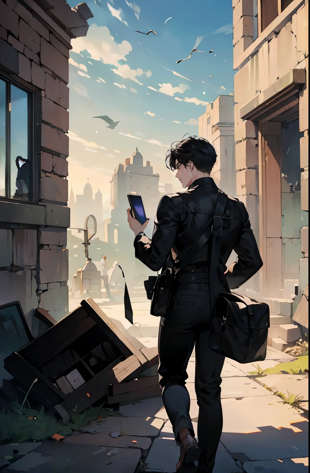 ((best quality)), ((masterpiece)), (detailed), Black-haired man，Two men looking for supplies，end，ruins，Dangerous environment，Black short hair
