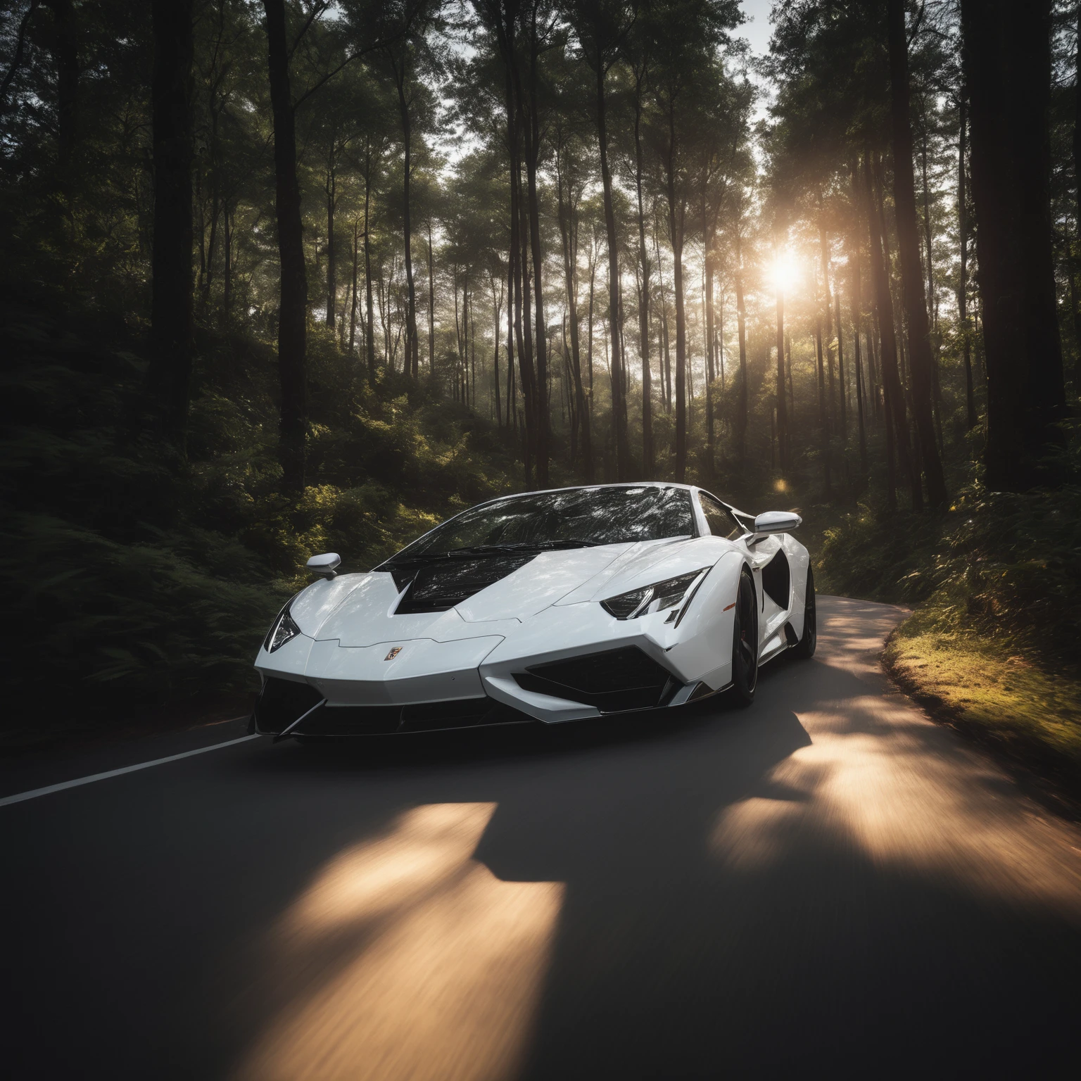 A white car,Driving on the road,Car side,detail强化,blur background/Bokeh,Bright with natural light,Ray Tracing,Sky,红色晚霞Sky背景,forest,Hill in the distance,Highly detailed environments,Low depth of field,HD,detail,8K,lens flare,Sunlight
