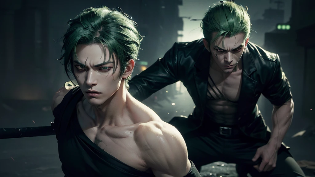 Handsome 1boy, Roronoa Zoro, angry look, (one eye closed), scar on the eye, green hair. solo, full body, ((((masterpiece))), ((best quality)), (extremely detailed), dark intense shadows, lighting, HDR, good composition, dynamic pose, black eyes, modern fashionable dark clothes, blurred background, night city street